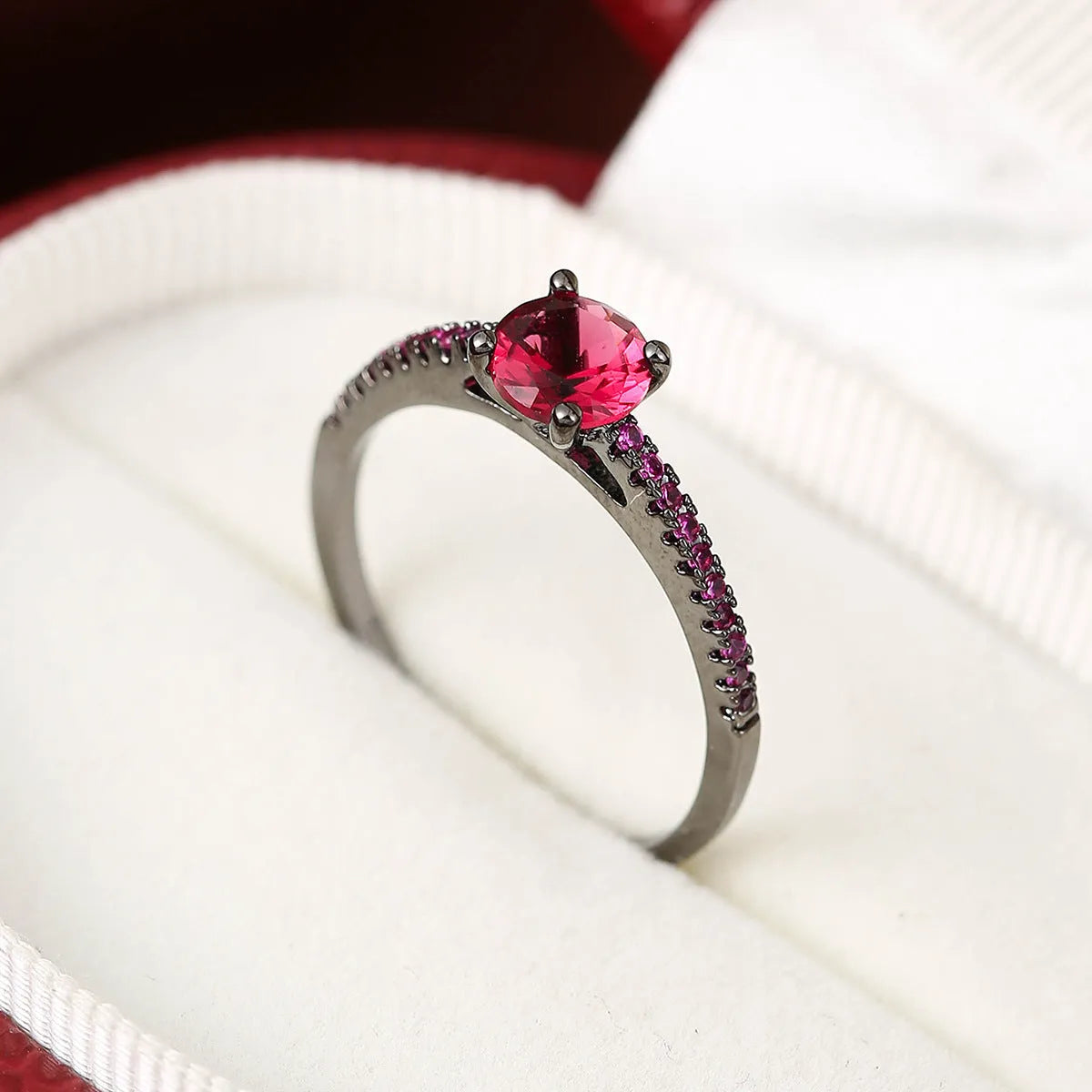 Geometric hexagon zircon copper ring in gold rose red electroplated finish, size UK 7.
