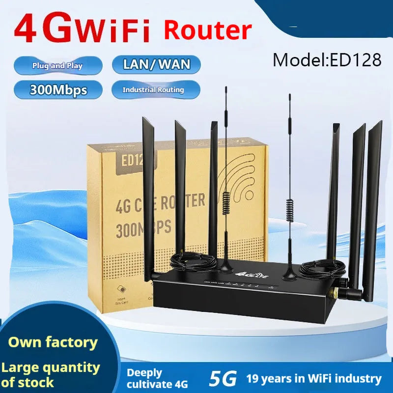 Industrial iron casing 4G router with removable antennas showing DC power interface