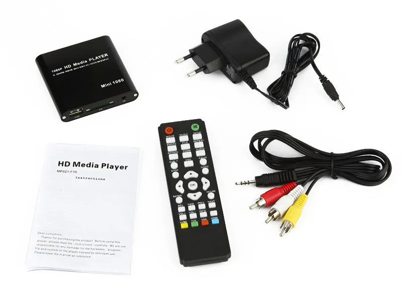 Compact black or blue 1080P HDMI media player with USB and SD card ports.