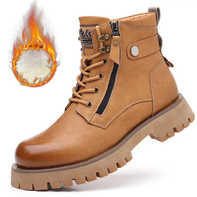 Men's brown thermal Martin boots with side zip and mid-heel design