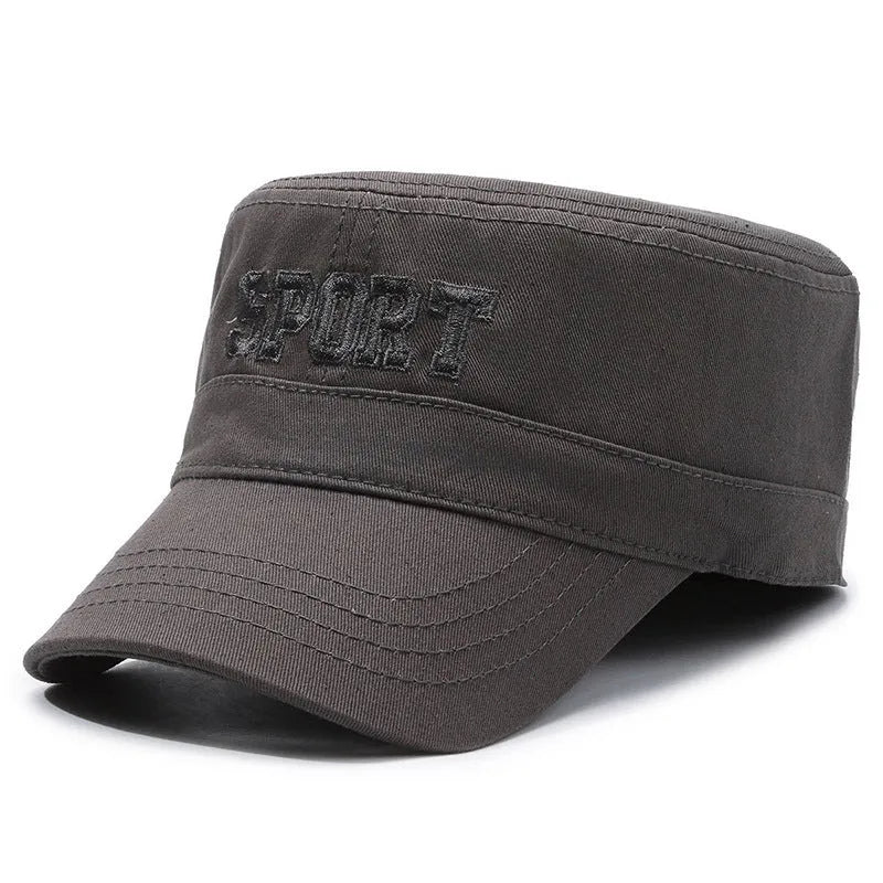 Men's adjustable cotton flat-top peaked cap in multiple colours showing dome crown and peak design