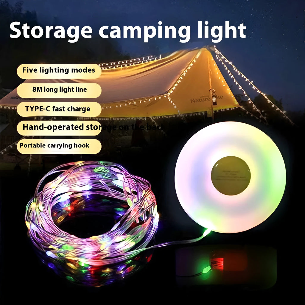 Rechargeable outdoor string lights with 30 LED beads in 8 metre length for camping and garden use