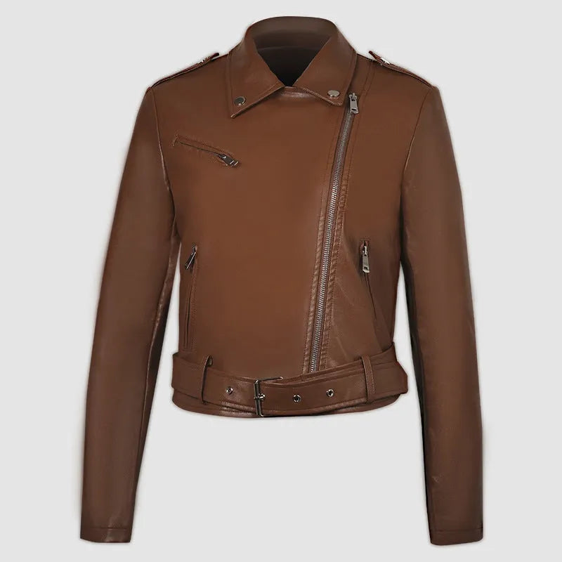 Women's red PU leather motorcycle jacket with short belt lapel and regular sleeves