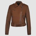 Women's red PU leather motorcycle jacket with short belt lapel and regular sleeves