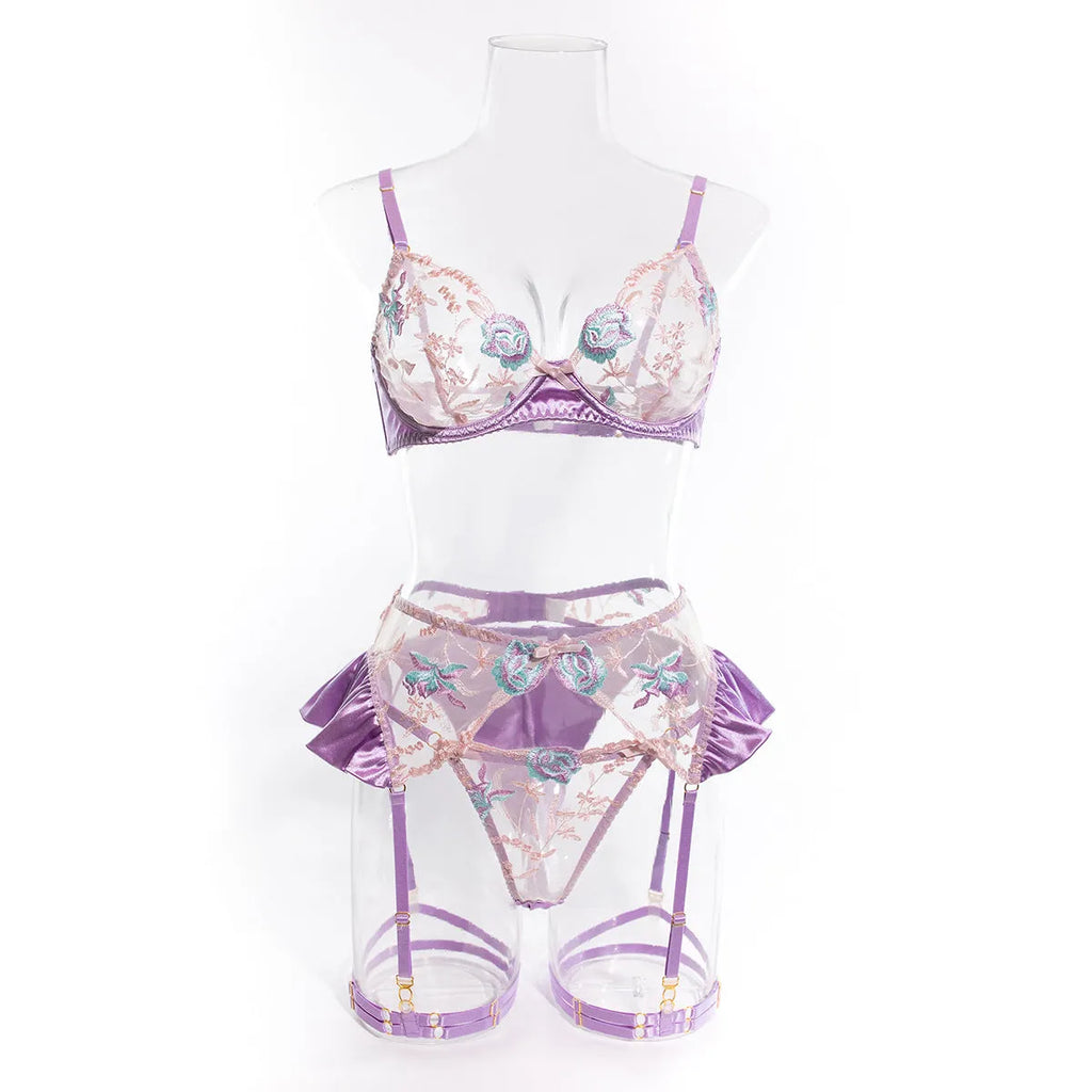 Light purple satin lingerie set with mercersied embroidery, four-piece configuration