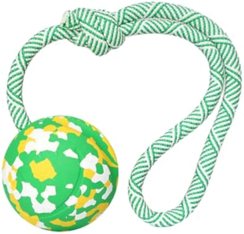 Natural rubber dog ball with nylon rope attached, suitable for fetch and tug games with medium small dogs