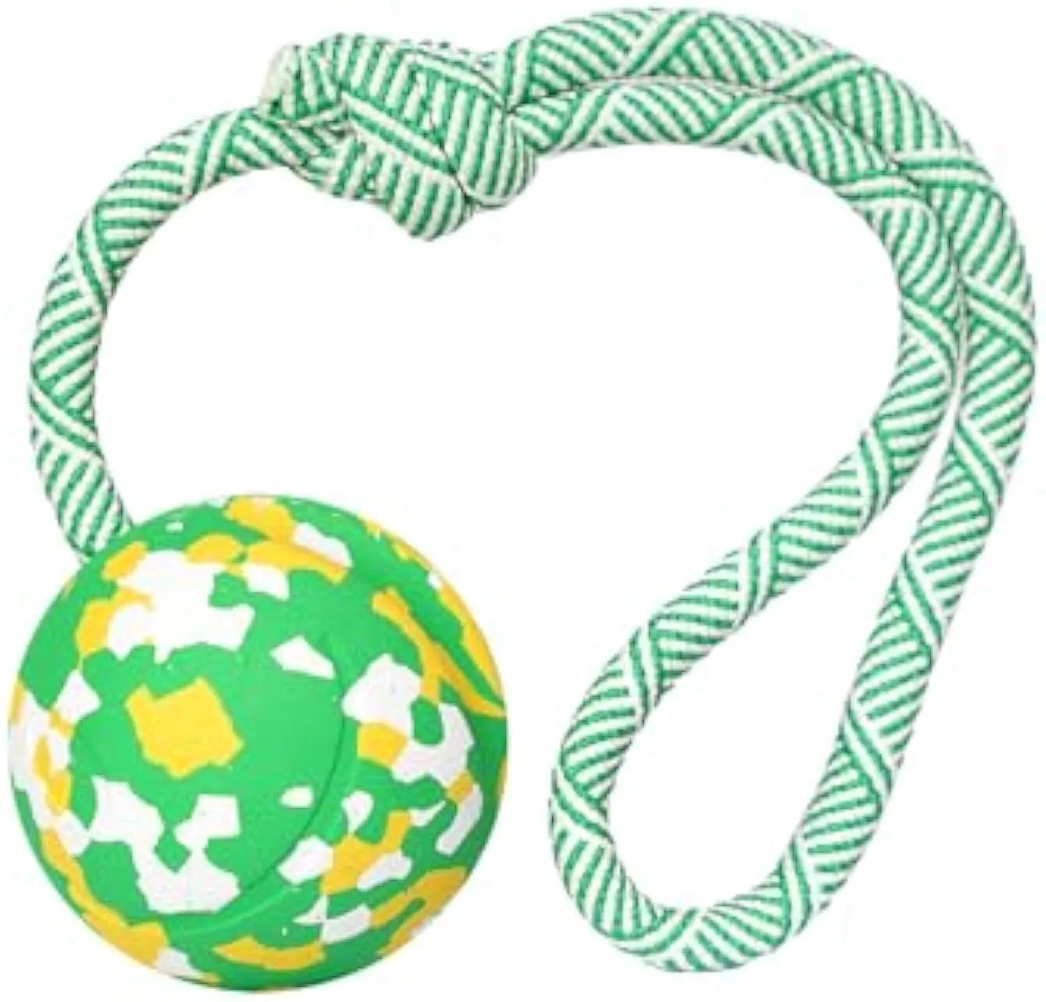 Natural rubber dog ball with nylon rope attached, suitable for fetch and tug games with medium small dogs