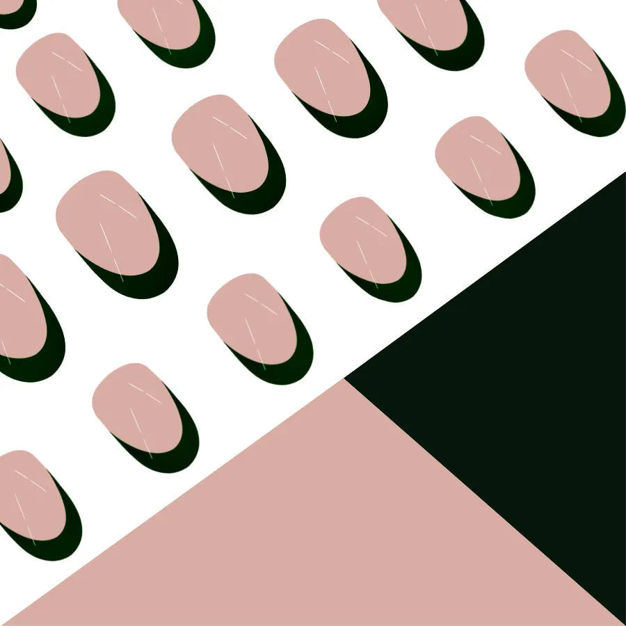 24 black French style acrylic false nails with short almond shape laid out on a surface.