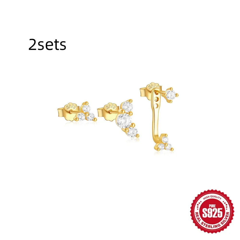 S925 sterling silver geometric earrings with zircon tassels in gold tone colours