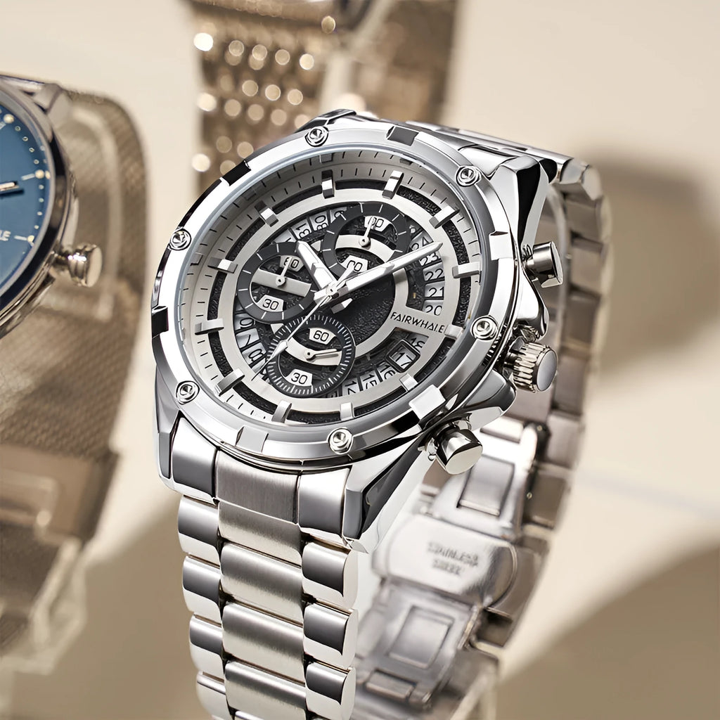 Men's waterproof luminous quartz watch with stainless steel belt in black and blue colour option