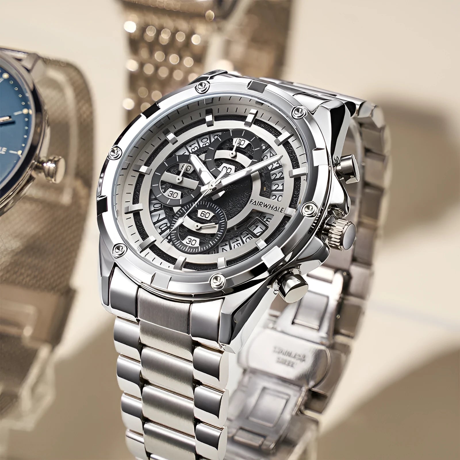 Men's waterproof luminous quartz watch with stainless steel belt in black and blue colour option