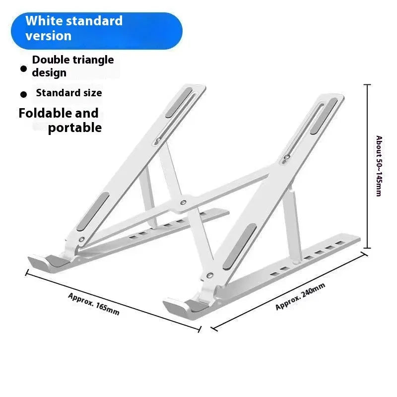 Silver aluminium alloy folding laptop stand holding a laptop at an angle
