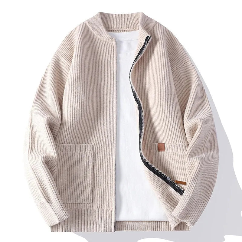 Men's striped cardigan jacket in a straight fit, shown in beige colour.