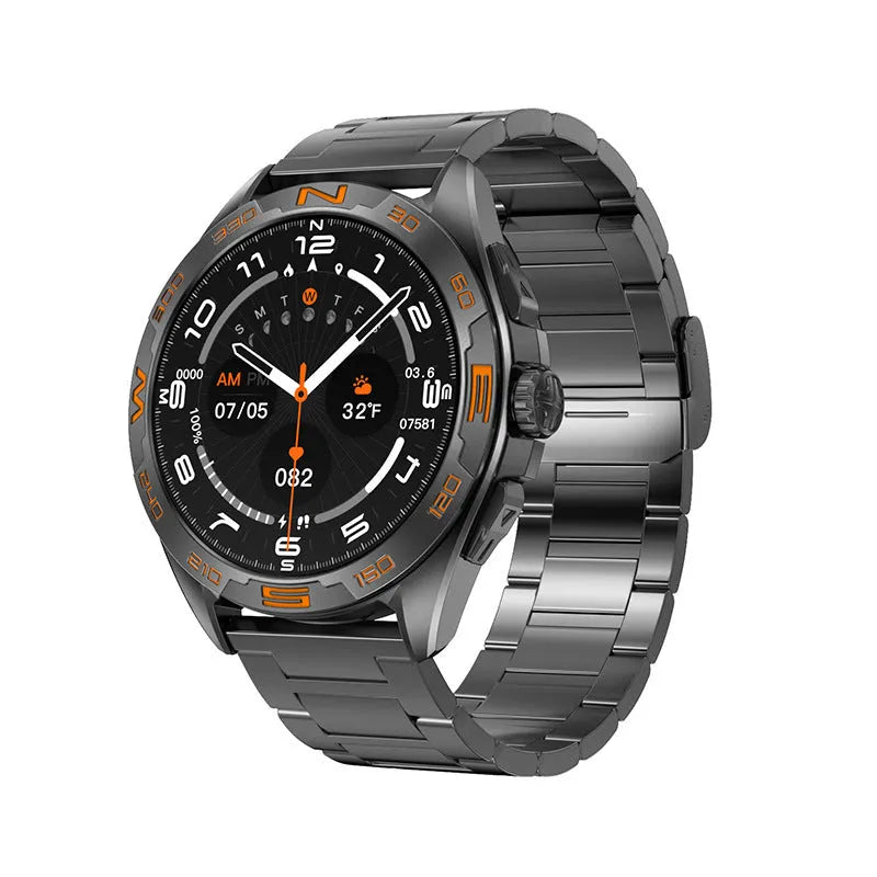 Smart watch with black steel case displaying health metrics on its IPS screen.