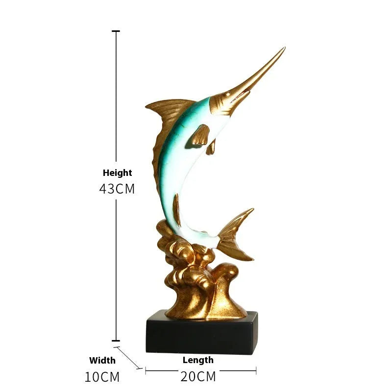 European style decorative resin swordfish ornament in Ocean Green, Lake Blue, Coral Red or Bright Gold.
