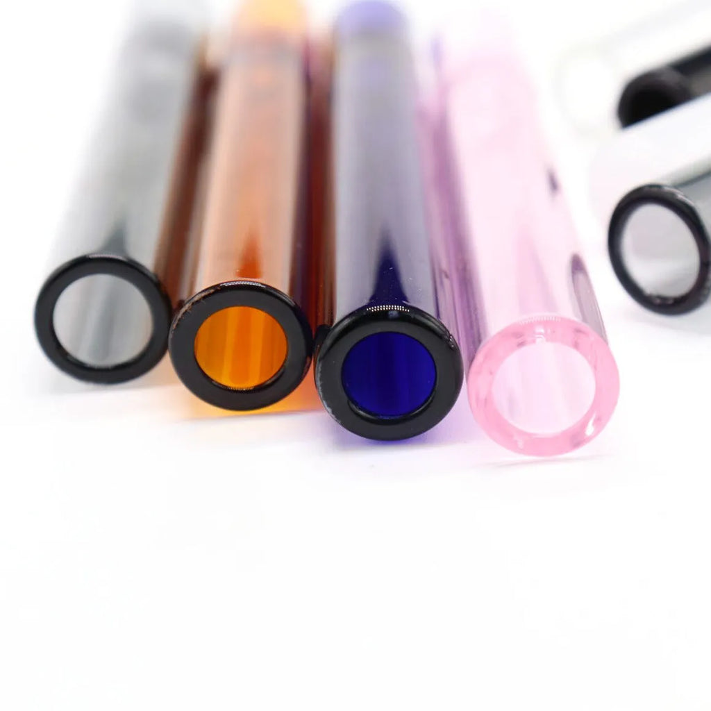 Straight transparent glass telescopic smoke pipe nozzle on a plain background.