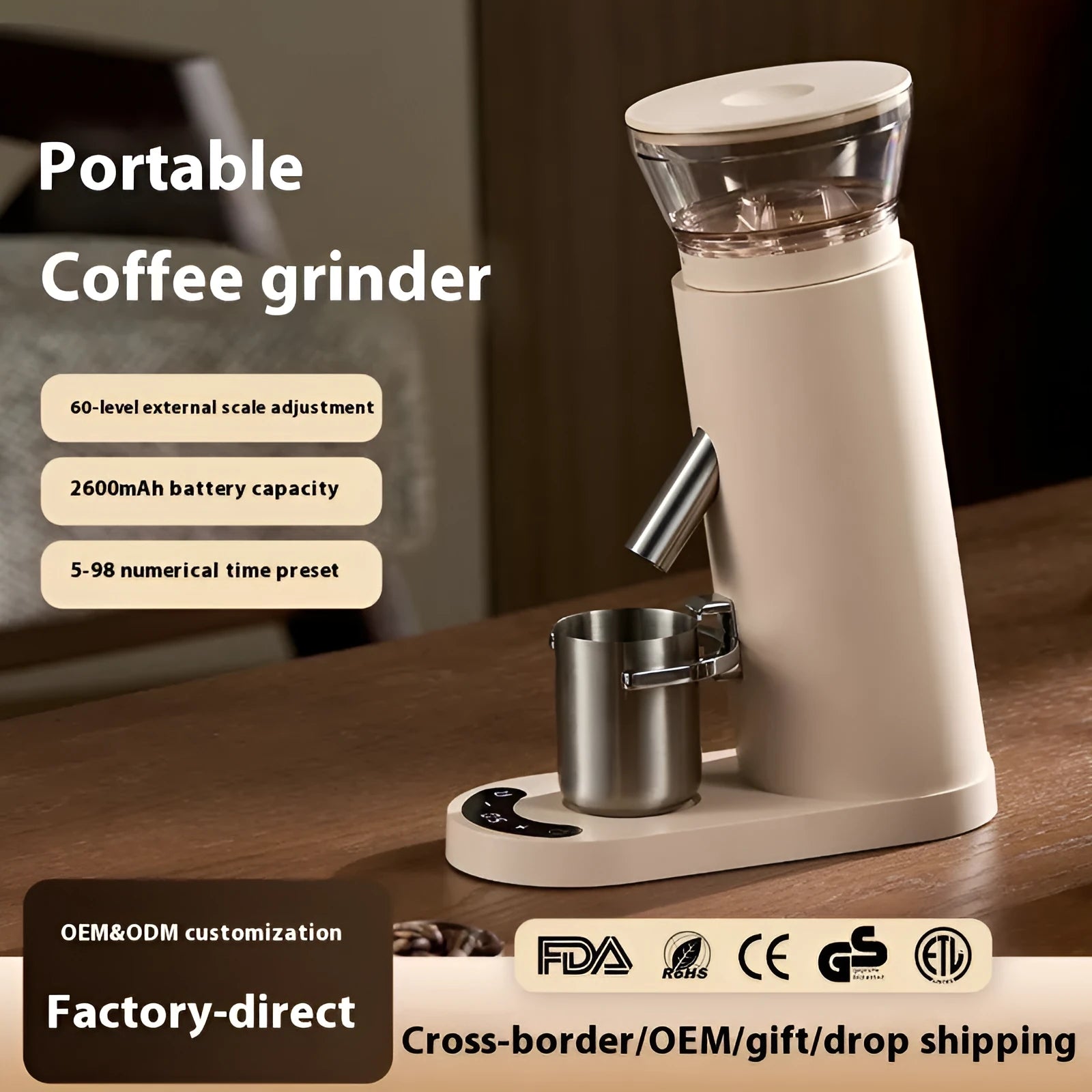 Portable electric coffee grinder machine in retro style with stainless steel 0.5L reservoir.