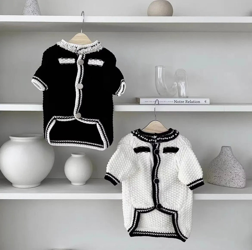 Korean-style white puppy sweater with pearl collar on small dog showing princess cut design