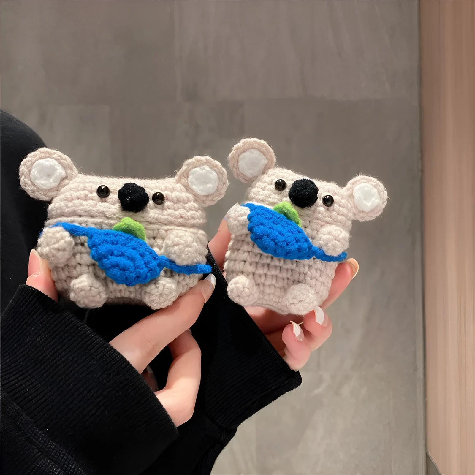 Handmade knitted AirPods protective case with koala bear backpack design for wireless earbuds