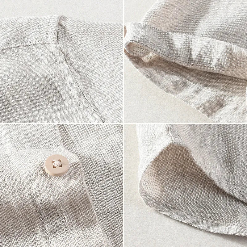 Men's short sleeve linen shirt with square collar in raw jute colour, cardigan style