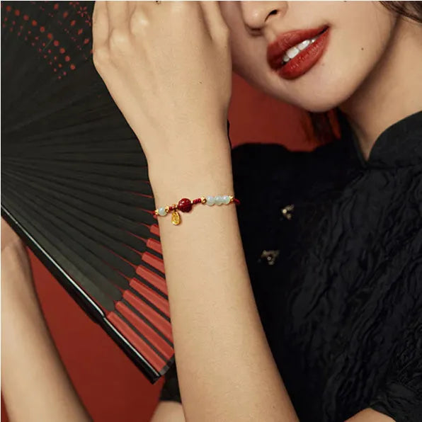 Women's Hetian jade cinnabar red rope bracelet with adjustable 925 silver chain
