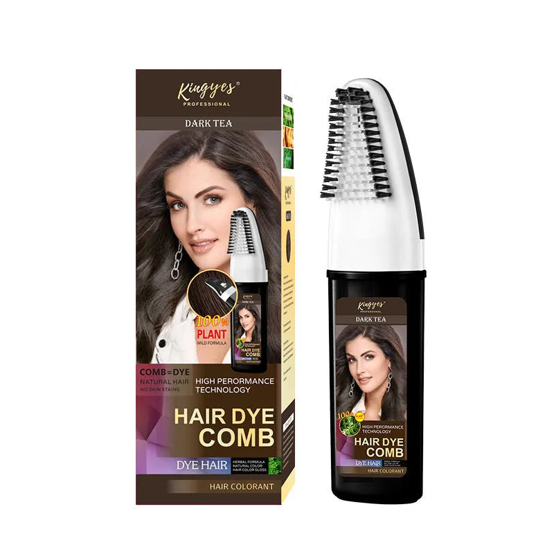 Hair dye bottle with application comb in wine red, dark brown and brown colour options