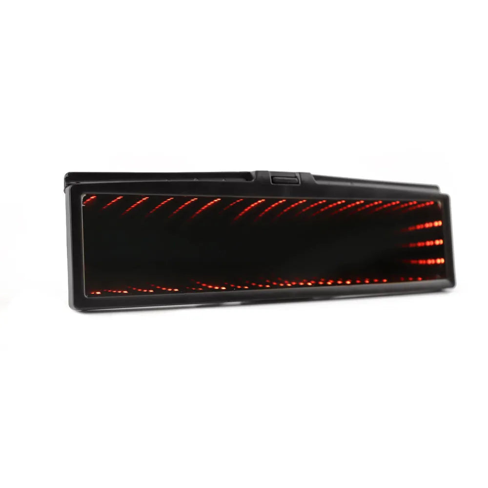Blue plastic car rearview mirror with illuminated lighting and a wide, flat reflective surface.