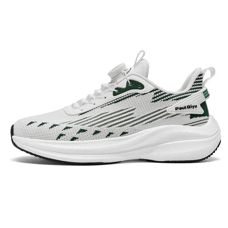 Men's casual sports running shoes with rotating buckle and Fly-kit mesh upper in white green colour
