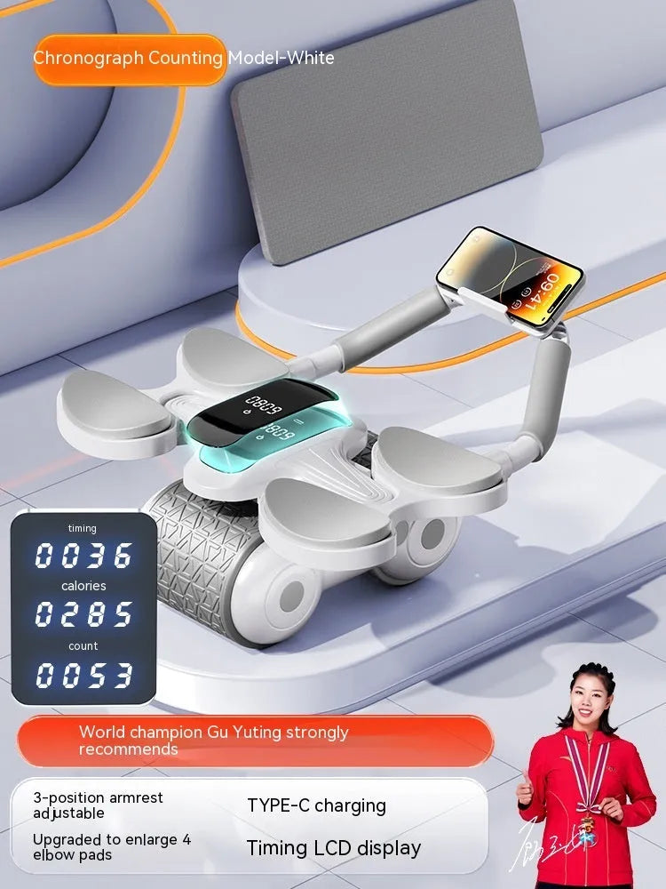 White belly roller fitness equipment with LED screen displaying timing and calorie count