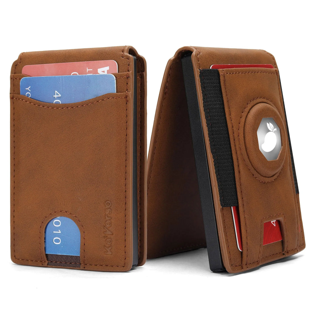 Men's slim RFID blocking card holder in synthetic leather showing black, dark brown, and light brown colour options
