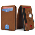 Men's slim RFID blocking card holder in synthetic leather showing black, dark brown, and light brown colour options