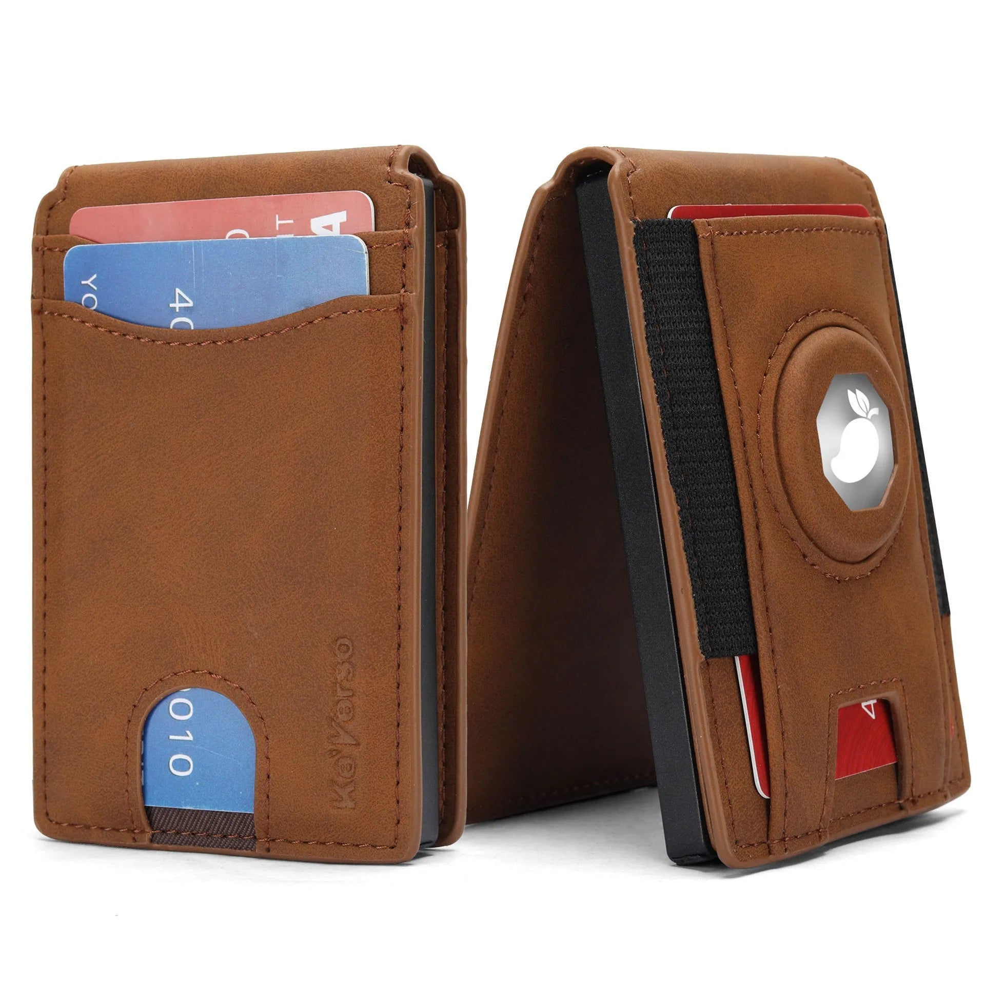 Men's slim RFID blocking card holder in synthetic leather showing black, dark brown, and light brown colour options