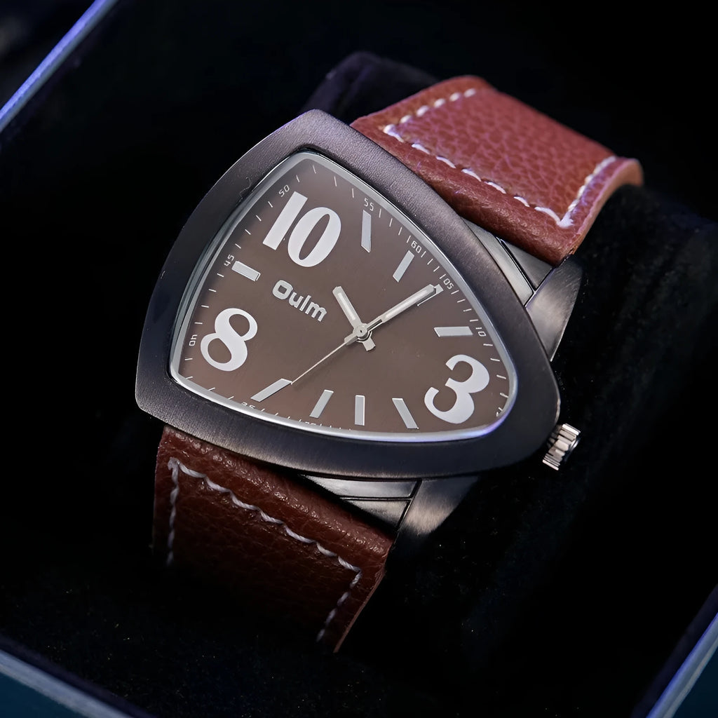 Men's casual triangle belt quartz watch in brown, black, or blue colour with 9mm thick case.