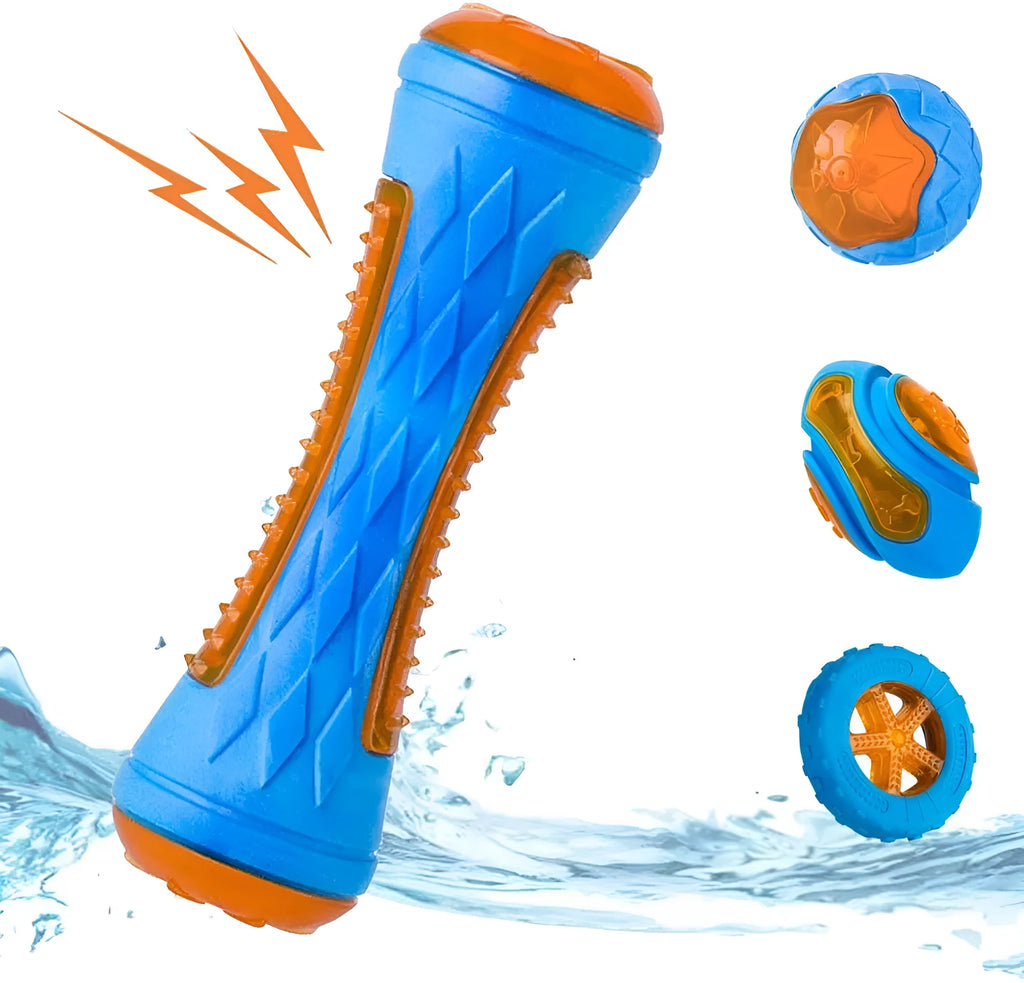 Set of three TPR dog toys: a squeaky ball, barbell and floating tires for water fetch.