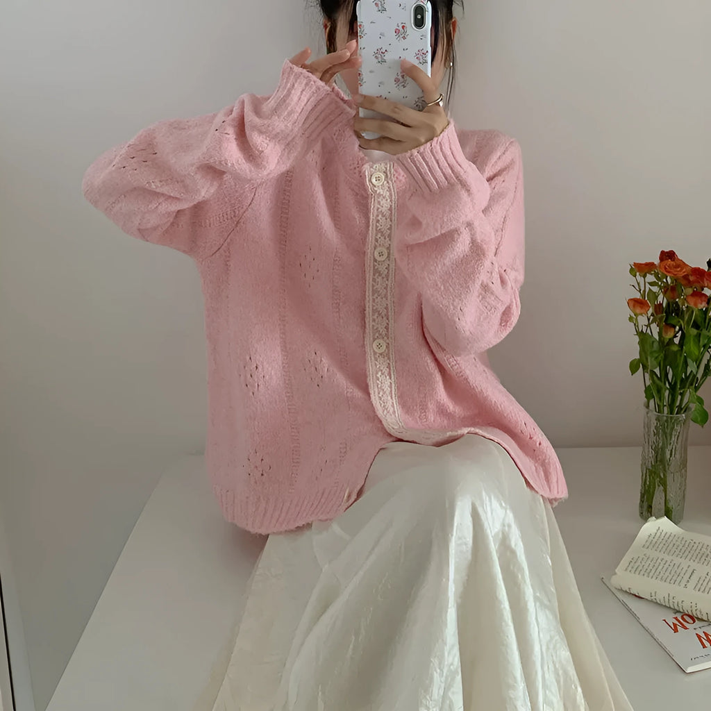 Loose retro-style Korean knitwear cardigan coat in apricot colour