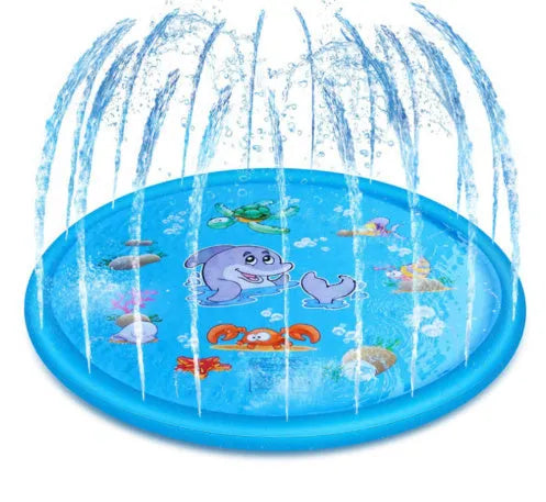 Blue PVC children's water spray play mat with marine animals, measuring 100cm by 170cm