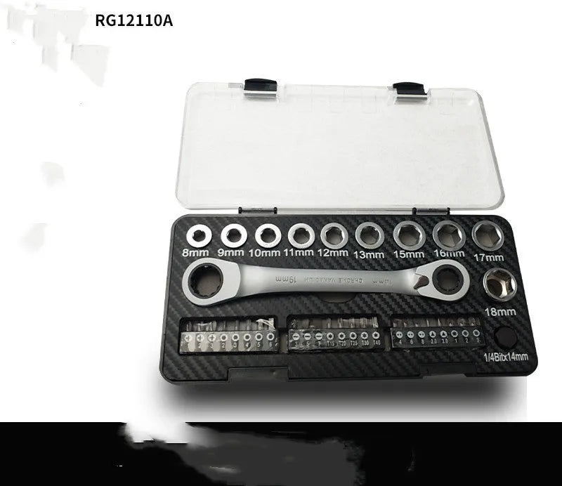 Professional ratchet wrench set with 1/4-inch drive, multiple sockets, and bit heads on a workbench.