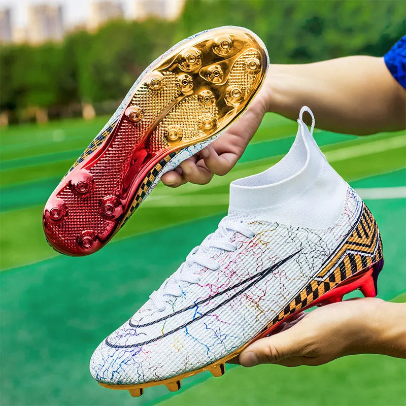Men's white high-top soccer training shoe with gold-plated sole and lace-up front closure