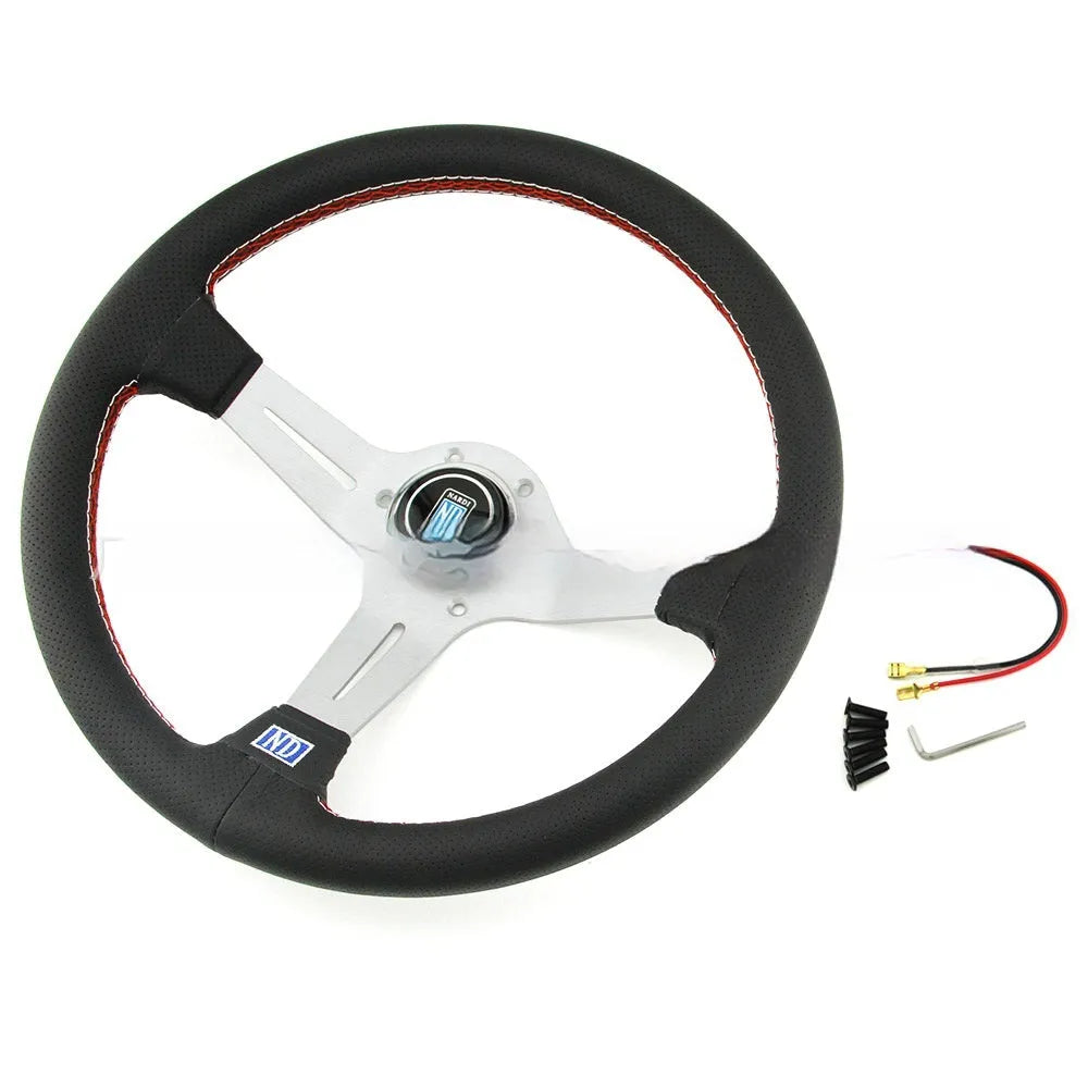 14-inch leather steering wheel with concave centre section in silver black colour with skeleton frame