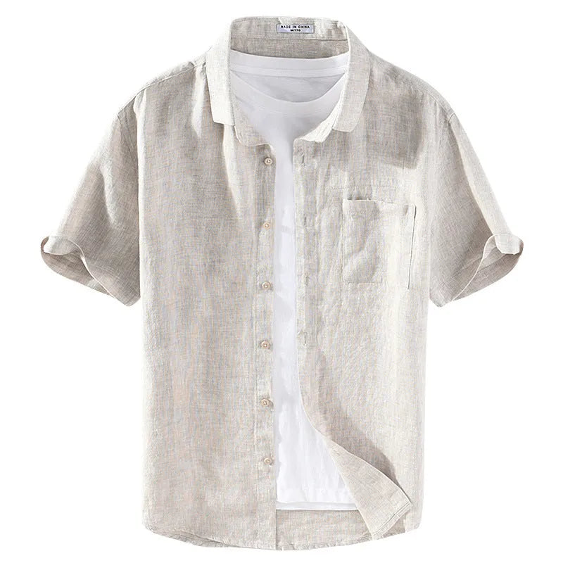 Men's short sleeve linen shirt with square collar in raw jute colour, cardigan style