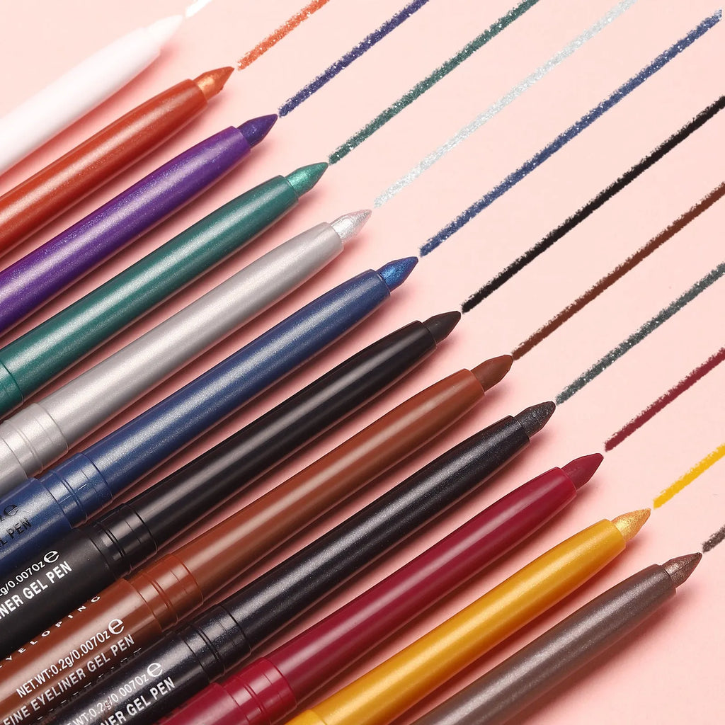 Set of 12 colourful gel glitter eyeliner pencils arranged showing metallic, matte, and glitter finishes.