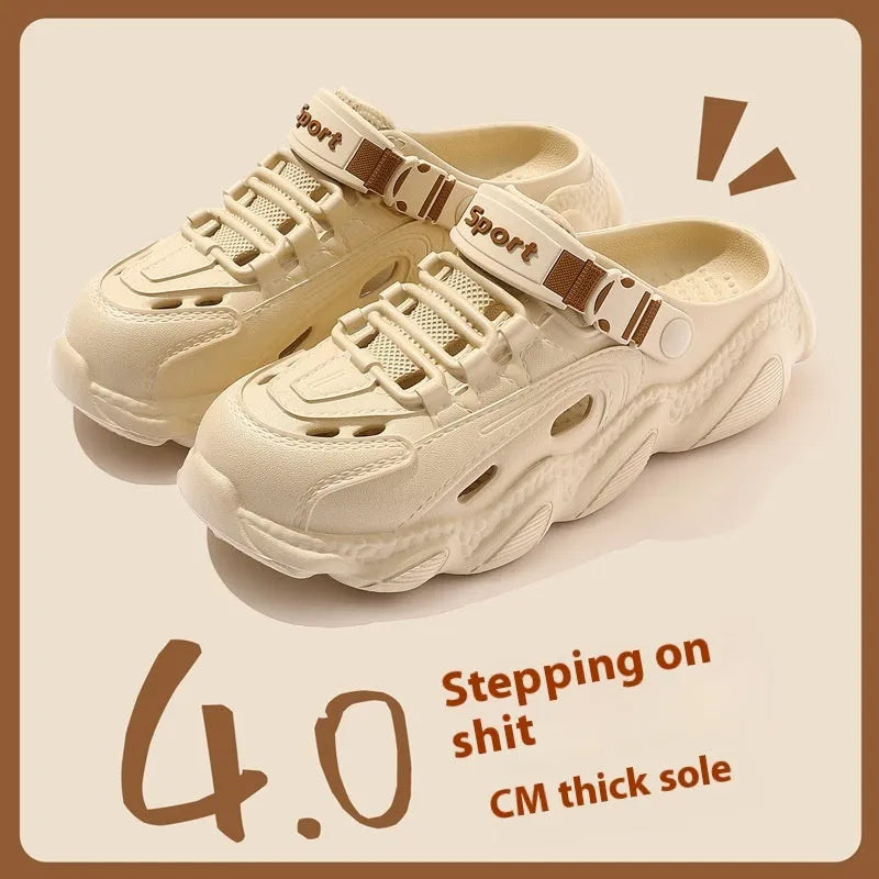 Men's khaki outdoor summer slippers with hollow-out design and textured EVA sole.