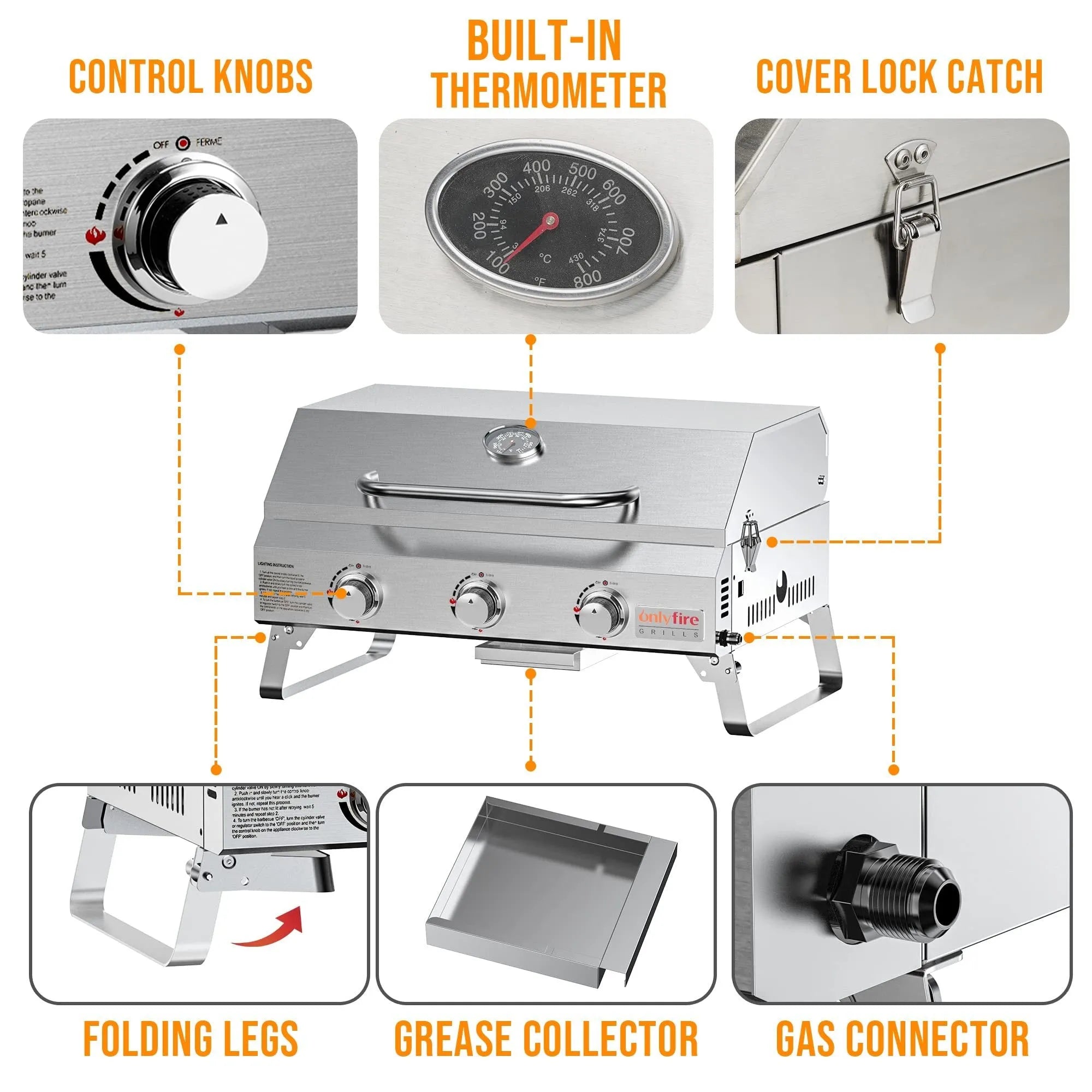 Silver stainless steel desktop gas barbecue grill with three burners and foldable legs