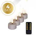 Set of four taupe-coloured LED flameless tealight candles showing flickering S4 flame bulbs.