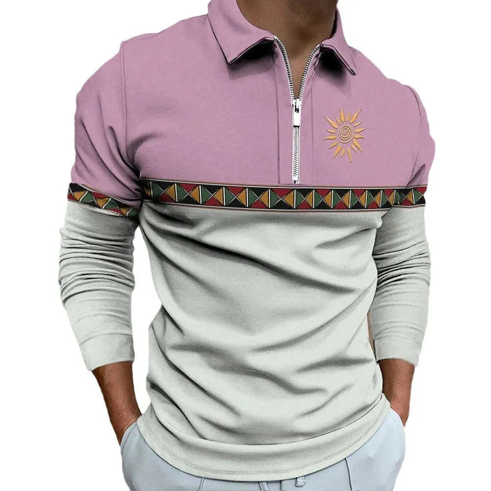 Men's loose-fit long-sleeved t-shirt with retro colour printing and a zip decoration detail.