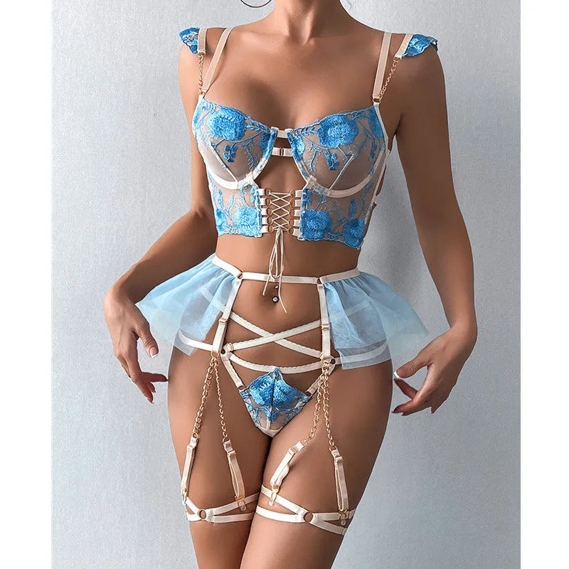 Women's light blue embroidered lace lingerie set with transparent push up bra and matching panty