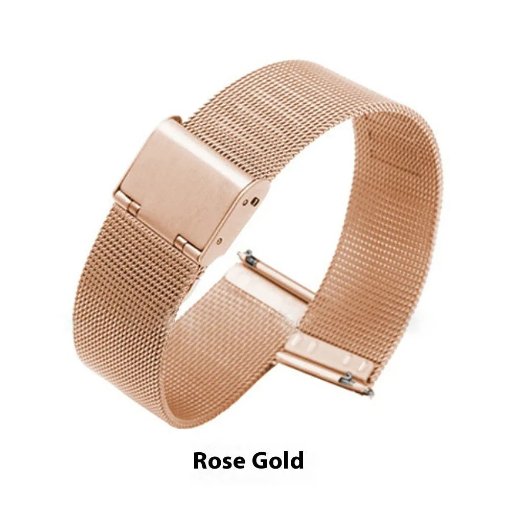 Milani silk woven stainless steel watch band in silver, showing linked metal weave.
