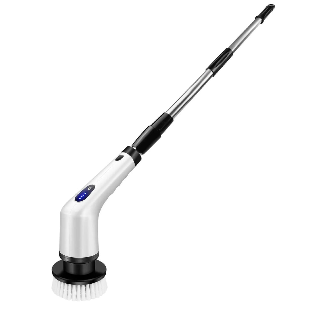 White rechargeable handheld cleaning brush with multiple plug options