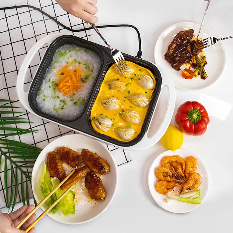 White or green dual-function electric cooking appliance serving as both hot pot and frying oven