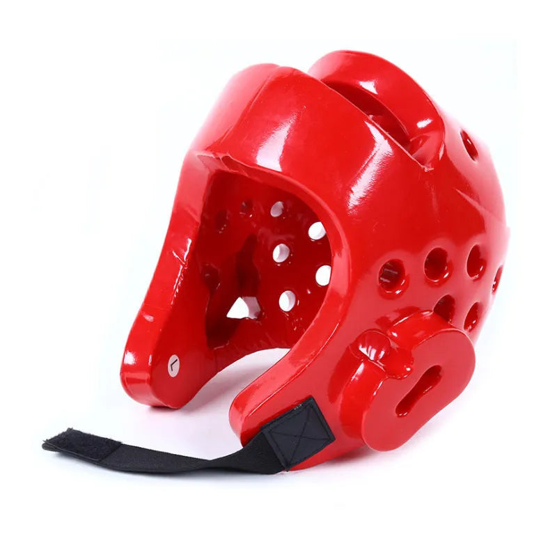 Blue karate protective gear set showing helmet, boxing gloves and leg guards for martial arts training
